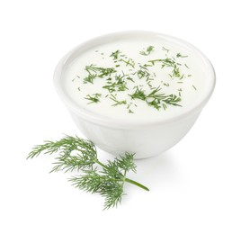 Photo of Delicious yogurt in bowl and dill isolated on white