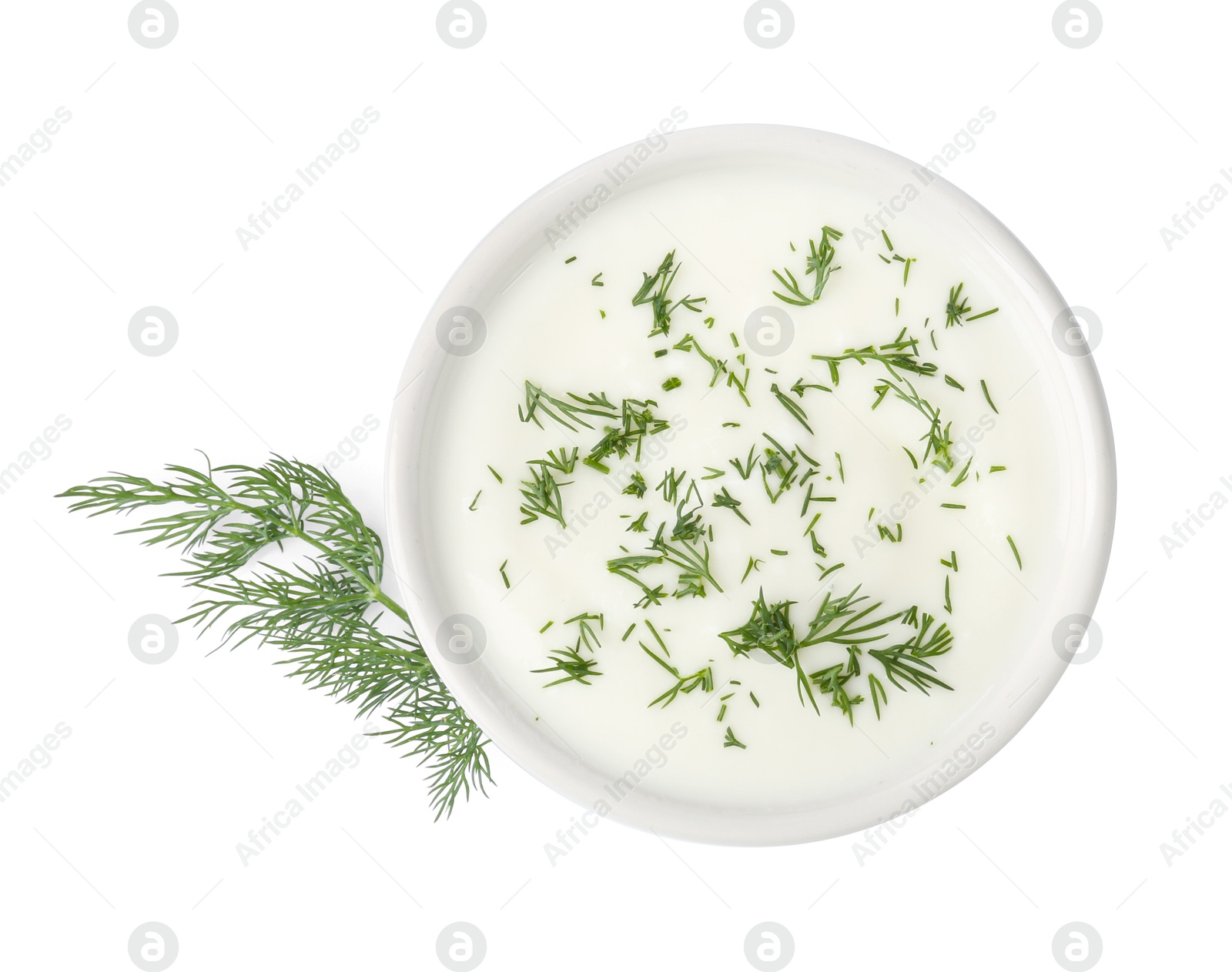 Delicious yogurt in bowl and dill isolated on white, top view Photo of Delicious yogurt in bowl and dill isolated on white, top view