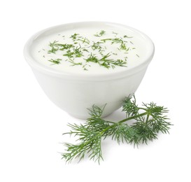 Photo of Delicious yogurt in bowl and dill isolated on white