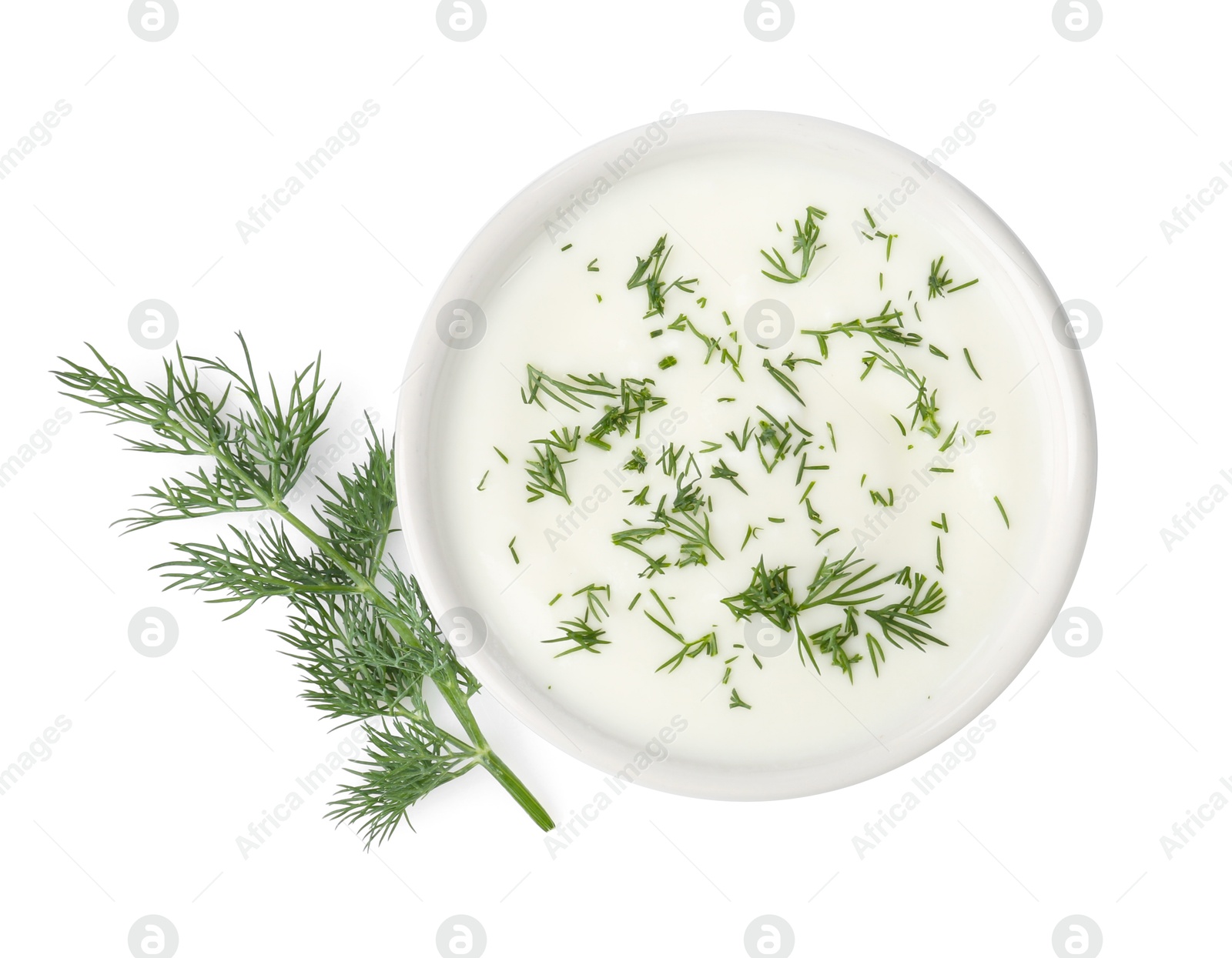 Delicious yogurt in bowl and dill isolated on white, top view Photo of Delicious yogurt in bowl and dill isolated on white, top view