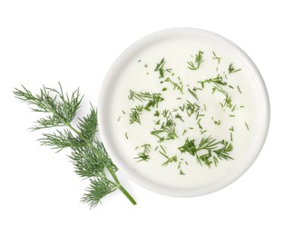 Photo of Delicious yogurt in bowl and dill isolated on white, top view