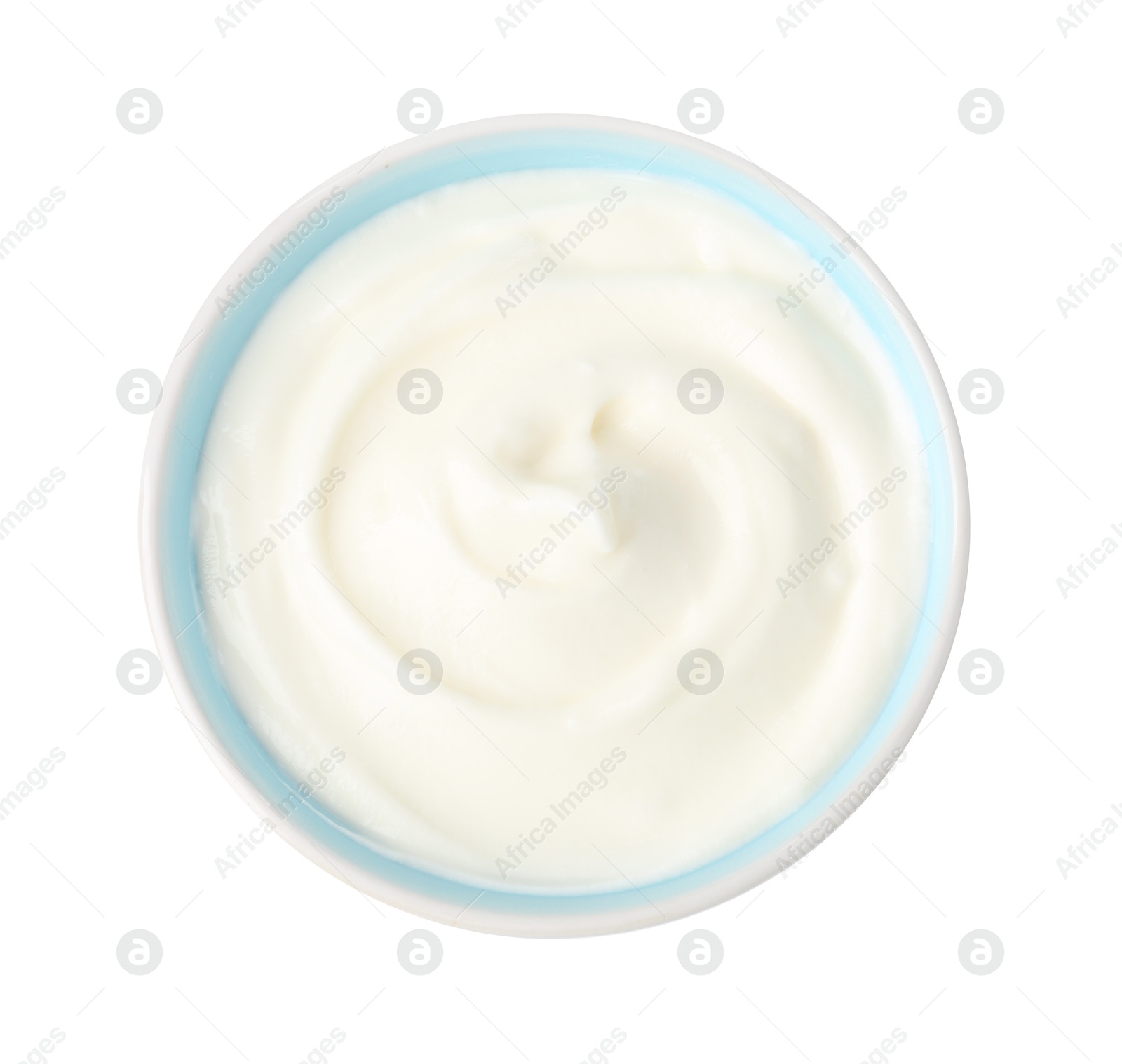 Delicious yogurt in bowl isolated on white, top view Photo of Delicious yogurt in bowl isolated on white, top view