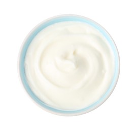 Photo of Delicious yogurt in bowl isolated on white, top view