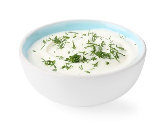 Photo of Delicious yogurt with dill in bowl isolated on white
