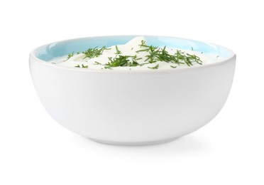 Photo of Delicious yogurt with dill in bowl isolated on white