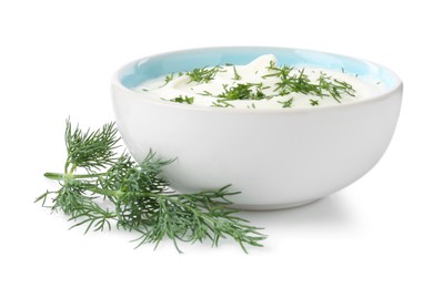 Photo of Delicious yogurt in bowl and dill isolated on white