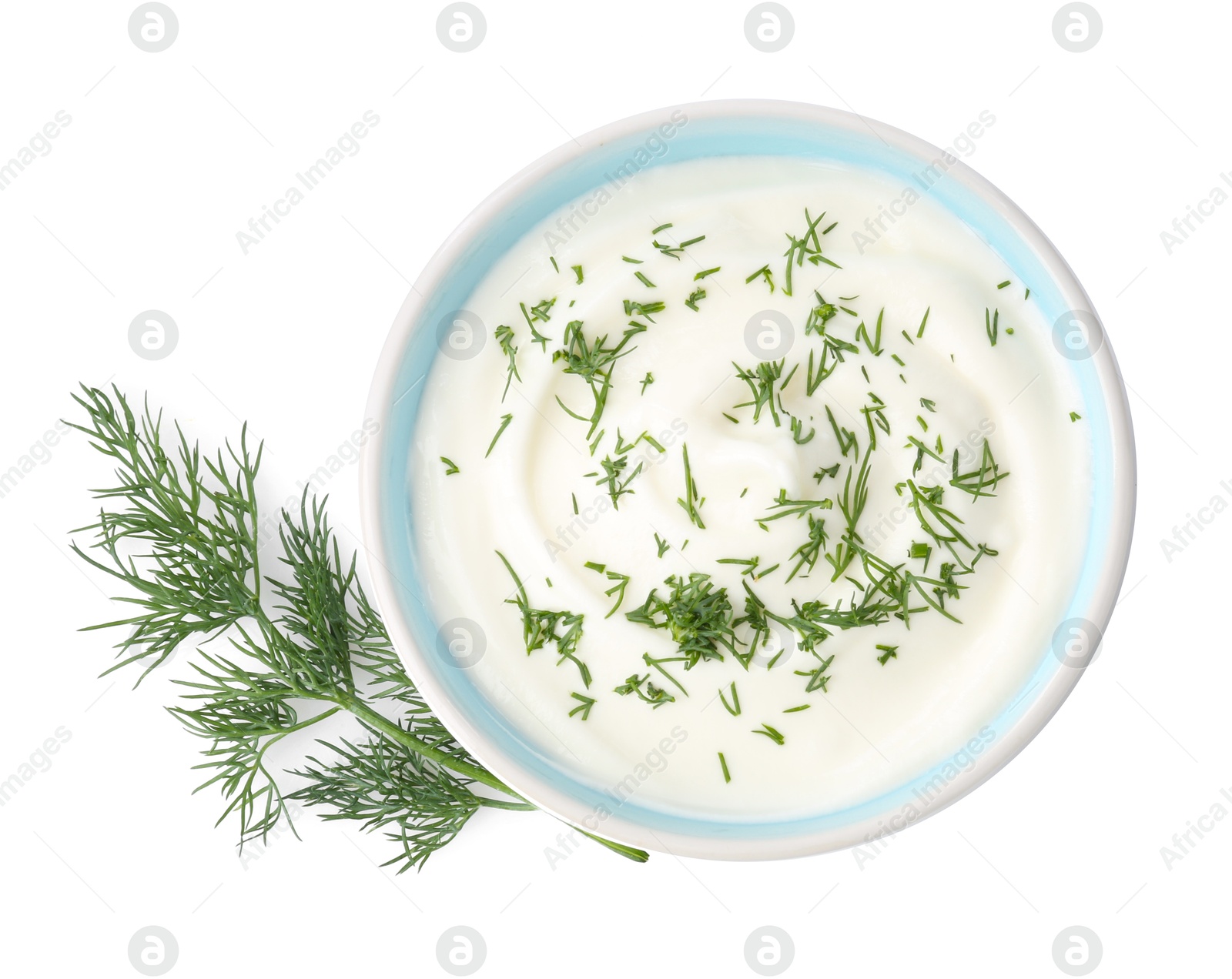 Delicious yogurt in bowl and dill isolated on white, top view Photo of Delicious yogurt in bowl and dill isolated on white, top view