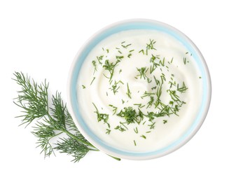 Photo of Delicious yogurt in bowl and dill isolated on white, top view