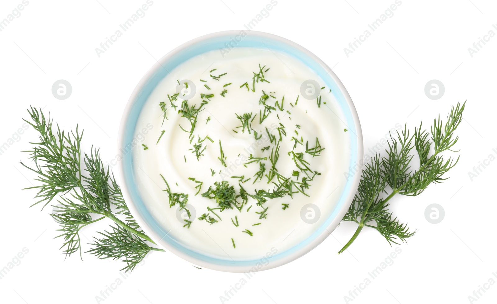 Delicious yogurt in bowl and dill isolated on white, top view Photo of Delicious yogurt in bowl and dill isolated on white, top view