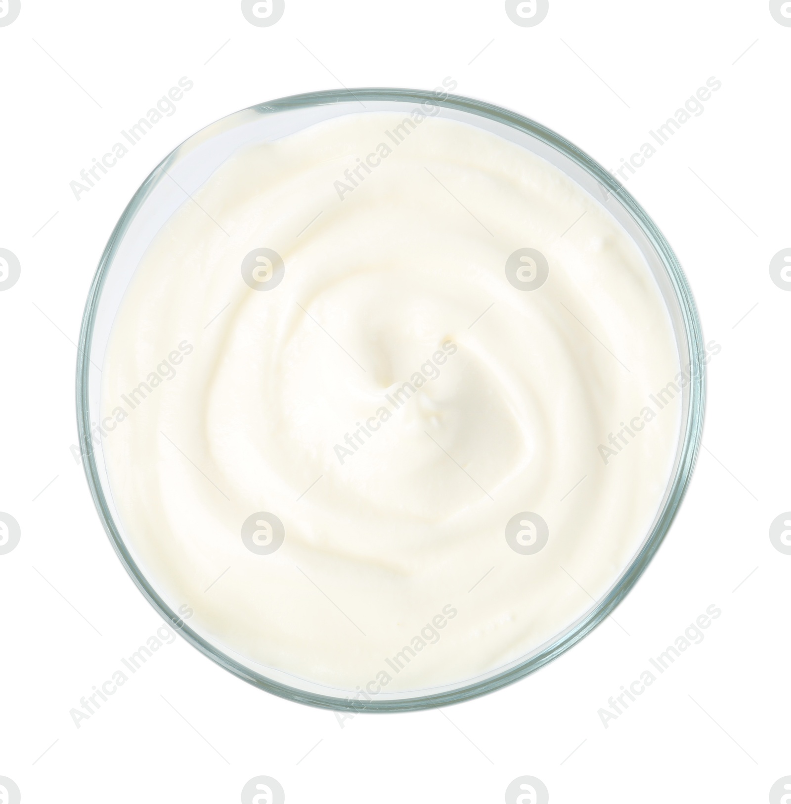 Delicious yogurt in bowl isolated on white, top view Photo of Delicious yogurt in bowl isolated on white, top view
