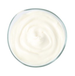 Photo of Delicious yogurt in bowl isolated on white, top view