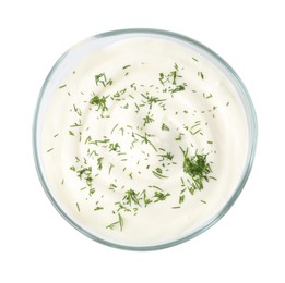 Photo of Delicious yogurt with dill in bowl isolated on white, top view