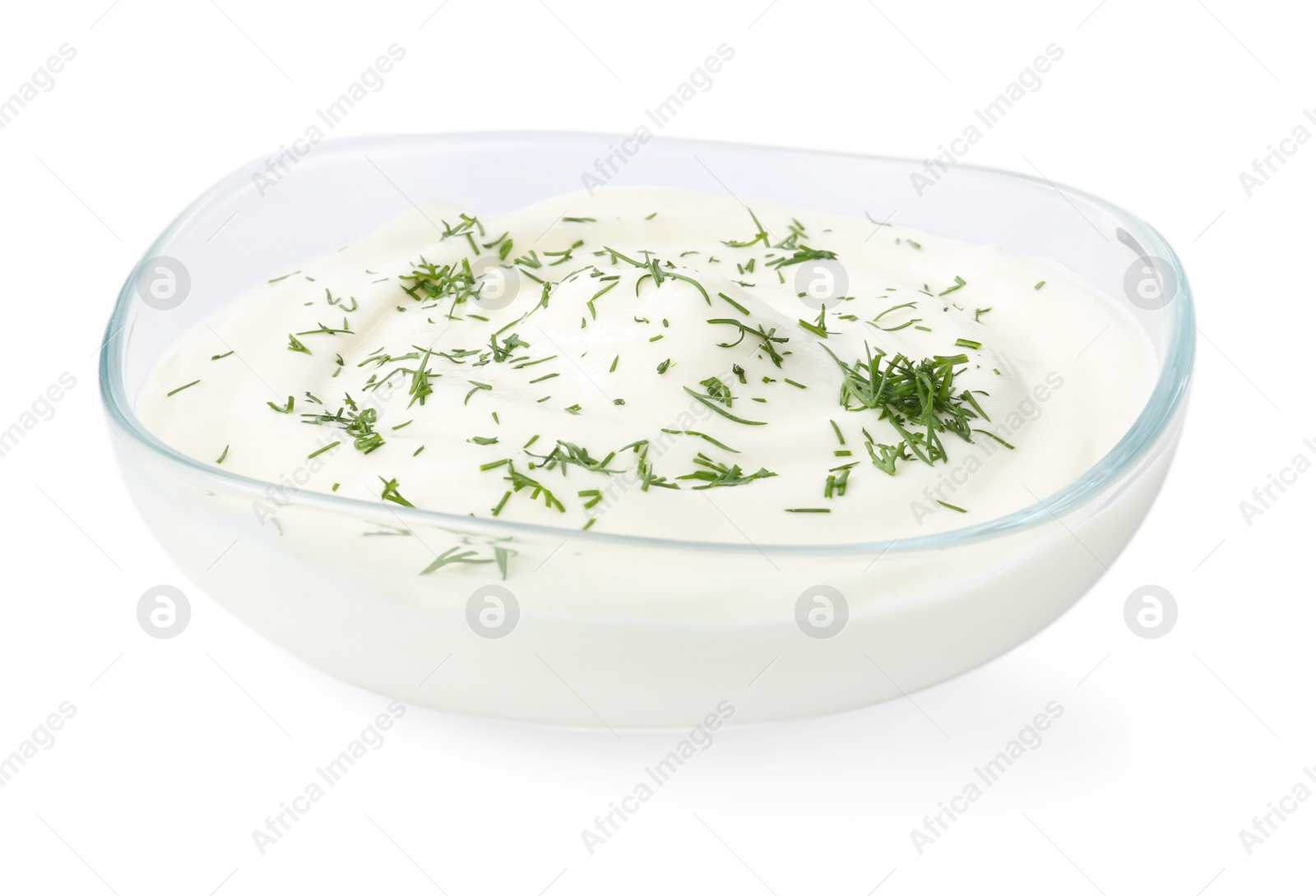Photo of Delicious yogurt with dill in bowl isolated on white