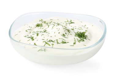 Photo of Delicious yogurt with dill in bowl isolated on white