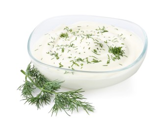 Photo of Delicious yogurt in bowl and dill isolated on white