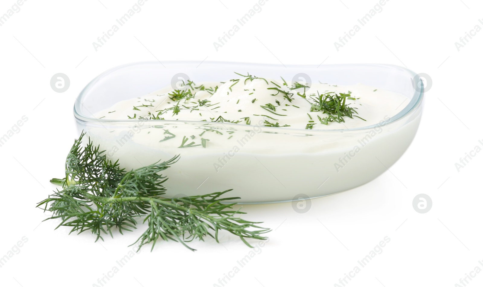 Photo of Delicious yogurt in bowl and dill isolated on white