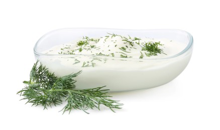 Photo of Delicious yogurt in bowl and dill isolated on white
