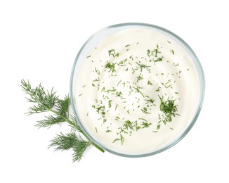 Photo of Delicious yogurt in bowl and dill isolated on white, top view