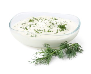 Photo of Delicious yogurt in bowl and dill isolated on white