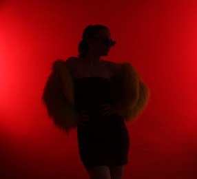 Photo of Silhouette of woman in stylish outfit posing on red background