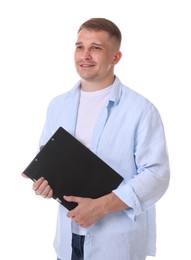 Photo of Smiling psychologist with clipboard on white background