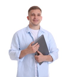 Photo of Smiling psychologist with laptop on white background