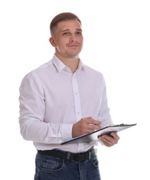 Photo of Psychologist with clipboard and pen on white background