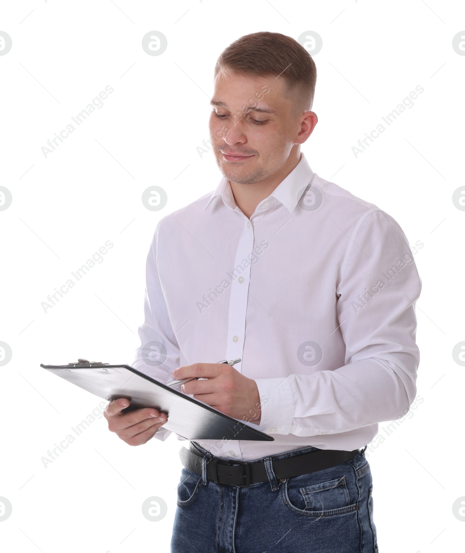 Psychologist with clipboard and pen on white background Photo of Psychologist with clipboard and pen on white background