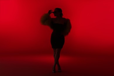 Photo of Silhouette of woman in stylish outfit posing on red background