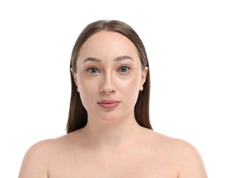 Photo of Beautiful woman on white background. Cosmetology and skincare