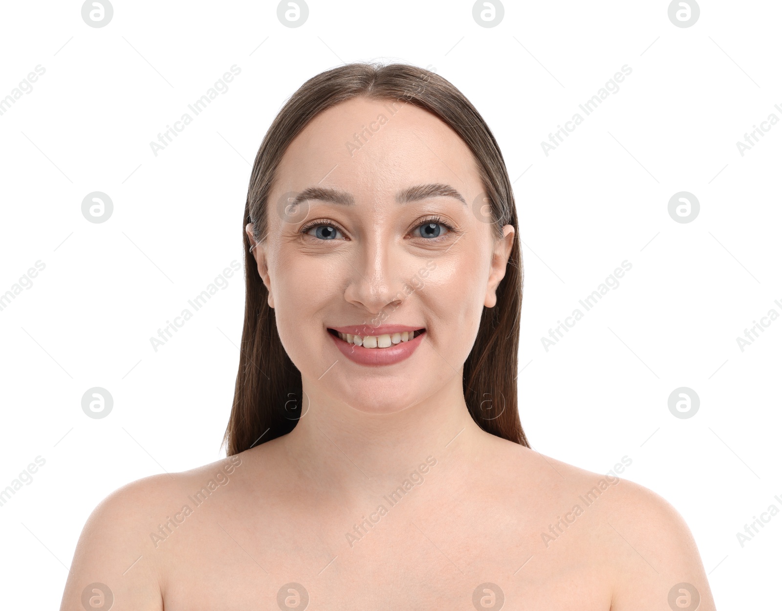 Photo of Smiling woman on white background. Cosmetology and skincare