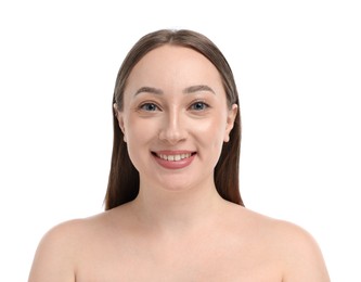 Photo of Smiling woman on white background. Cosmetology and skincare