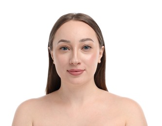 Photo of Beautiful woman on white background. Cosmetology and skincare