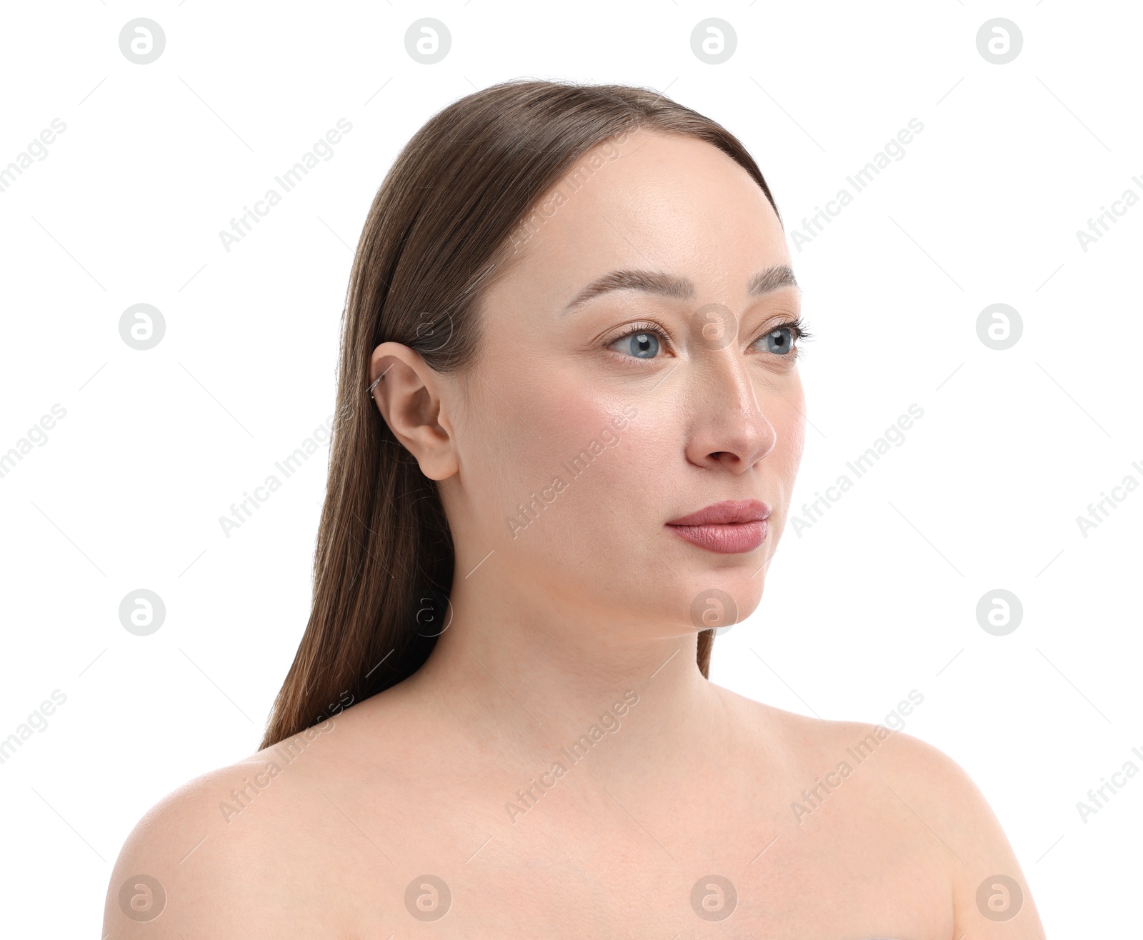 Beautiful woman on white background. Cosmetology and skincare Photo of Beautiful woman on white background. Cosmetology and skincare