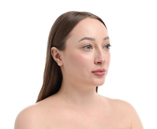 Photo of Beautiful woman on white background. Cosmetology and skincare