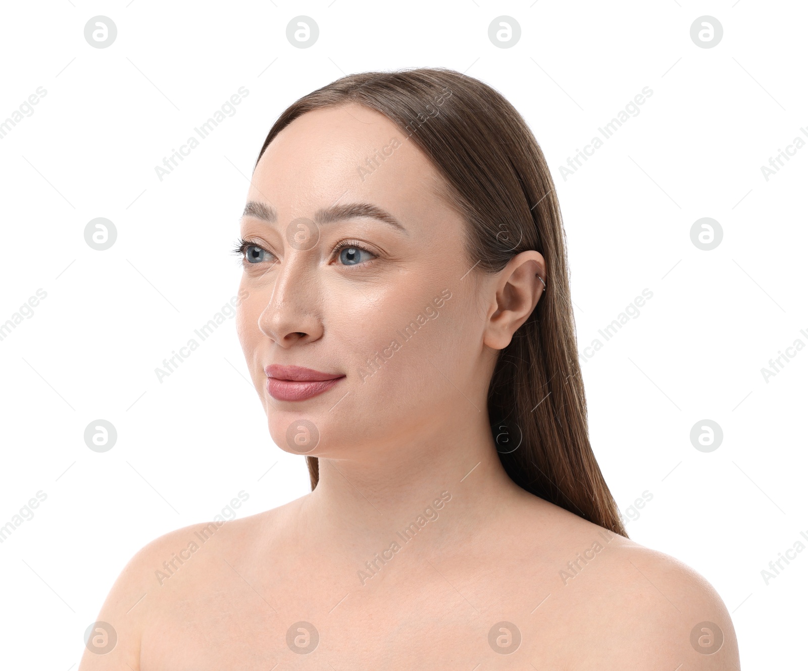 Beautiful woman on white background. Cosmetology and skincare Photo of Beautiful woman on white background. Cosmetology and skincare