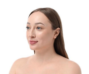 Photo of Beautiful woman on white background. Cosmetology and skincare