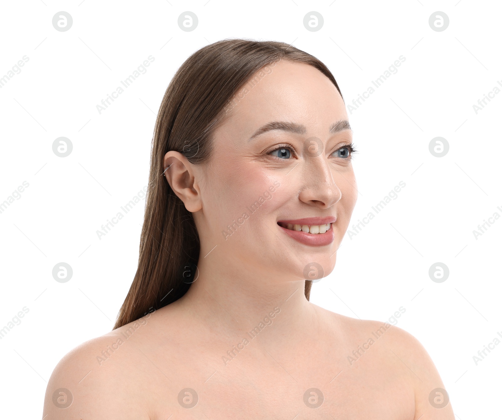 Smiling woman on white background. Cosmetology and skincare Photo of Smiling woman on white background. Cosmetology and skincare