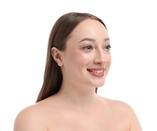 Photo of Smiling woman on white background. Cosmetology and skincare