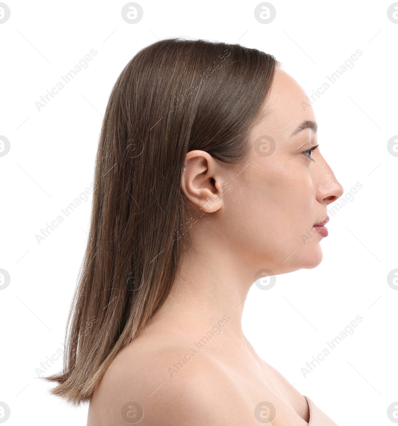 Beautiful woman on white background. Cosmetology and skincare Photo of Beautiful woman on white background. Cosmetology and skincare
