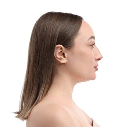Photo of Beautiful woman on white background. Cosmetology and skincare
