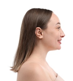 Photo of Smiling woman on white background. Cosmetology and skincare