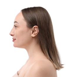 Photo of Beautiful woman on white background. Cosmetology and skincare