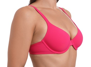 Photo of Woman wearing beautiful pink bra on white background, closeup