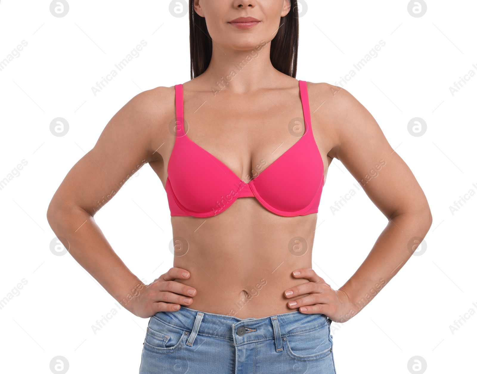 Woman wearing beautiful pink bra on white background, closeup Photo of Woman wearing beautiful pink bra on white background, closeup