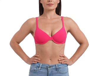Photo of Woman wearing beautiful pink bra on white background, closeup
