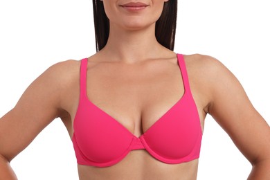 Photo of Woman wearing beautiful pink bra on white background, closeup