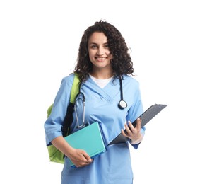 Photo of Medical student with clipboard and books on white background