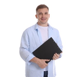 Photo of Portrait of smiling psychologist with clipboard on white background
