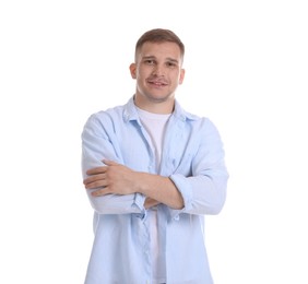 Photo of Portrait of smiling psychologist on white background